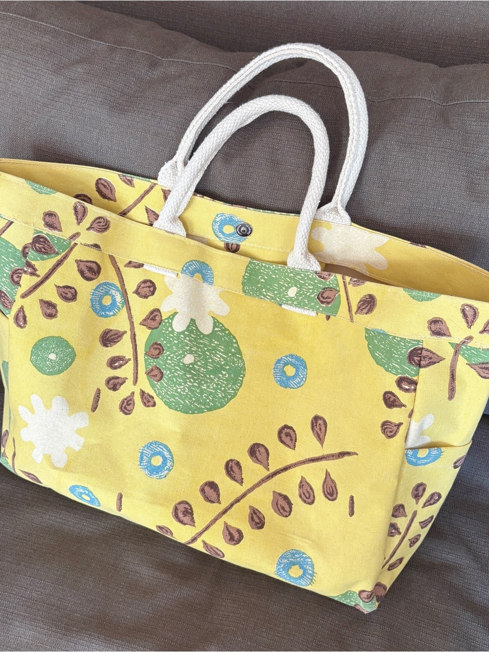 Yellow Floral Canvas Tote Bag with Rope Handles